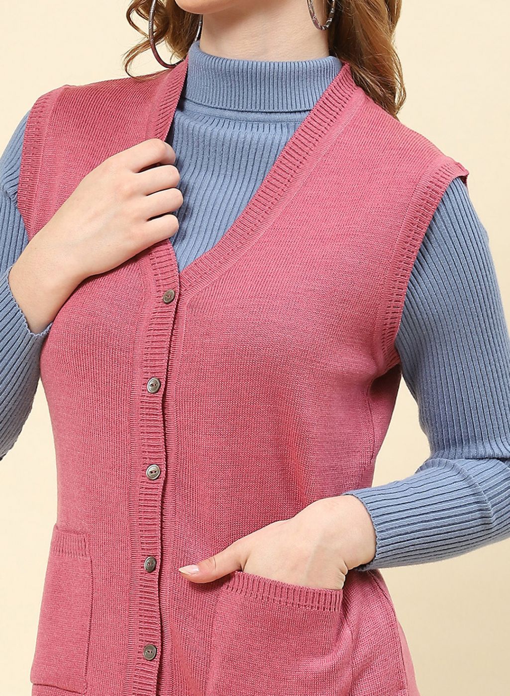 Women Pink Solid Blend wool Cardigan