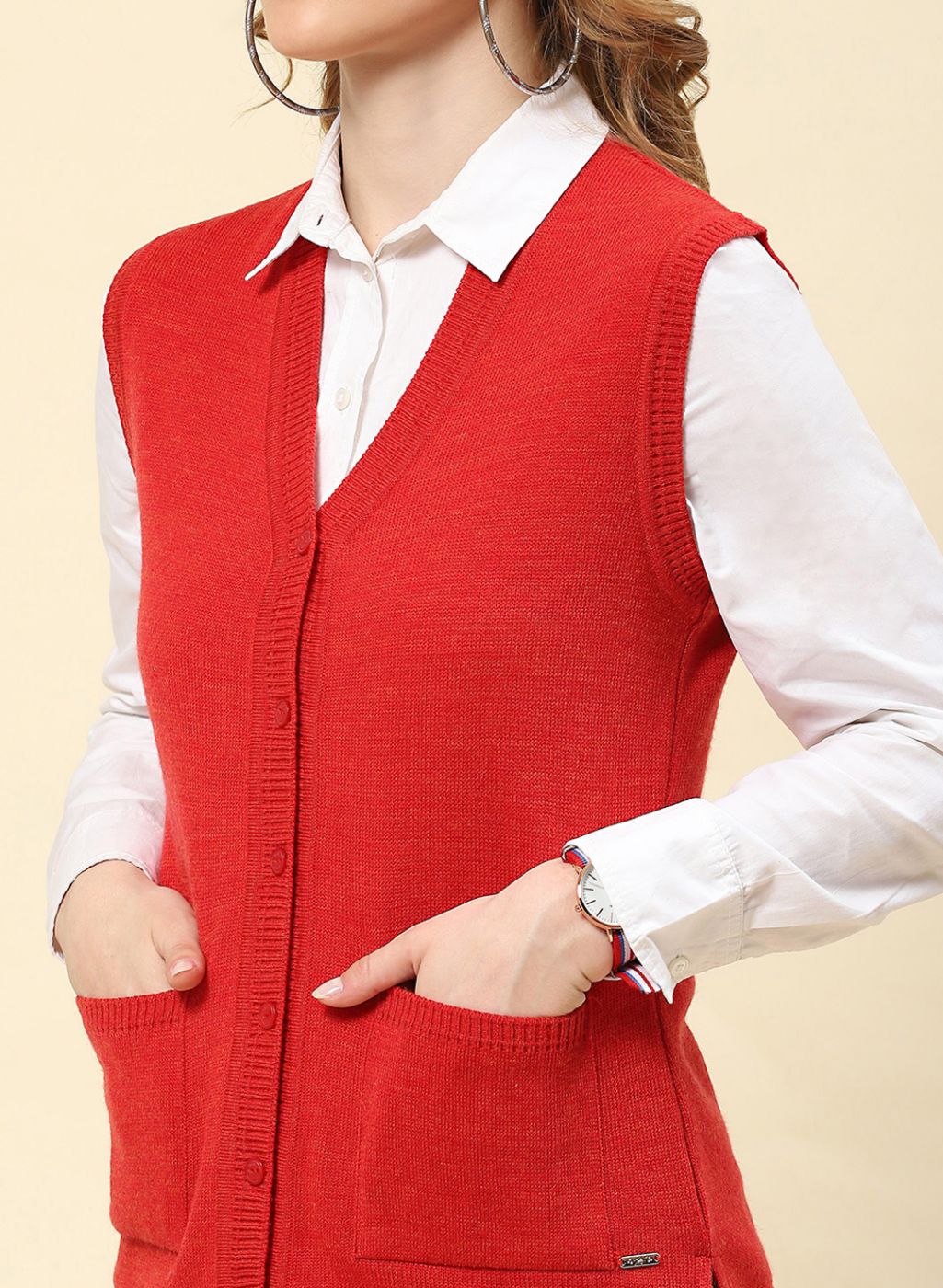 Women Red Solid Blend wool Cardigan