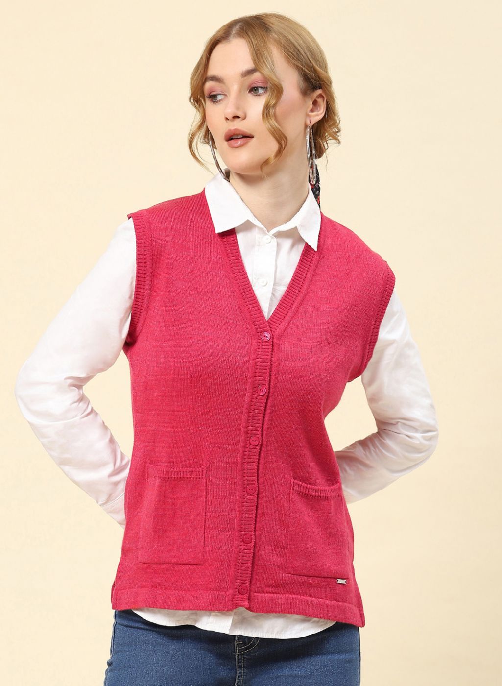 Women Light Red Solid Blend wool Cardigan