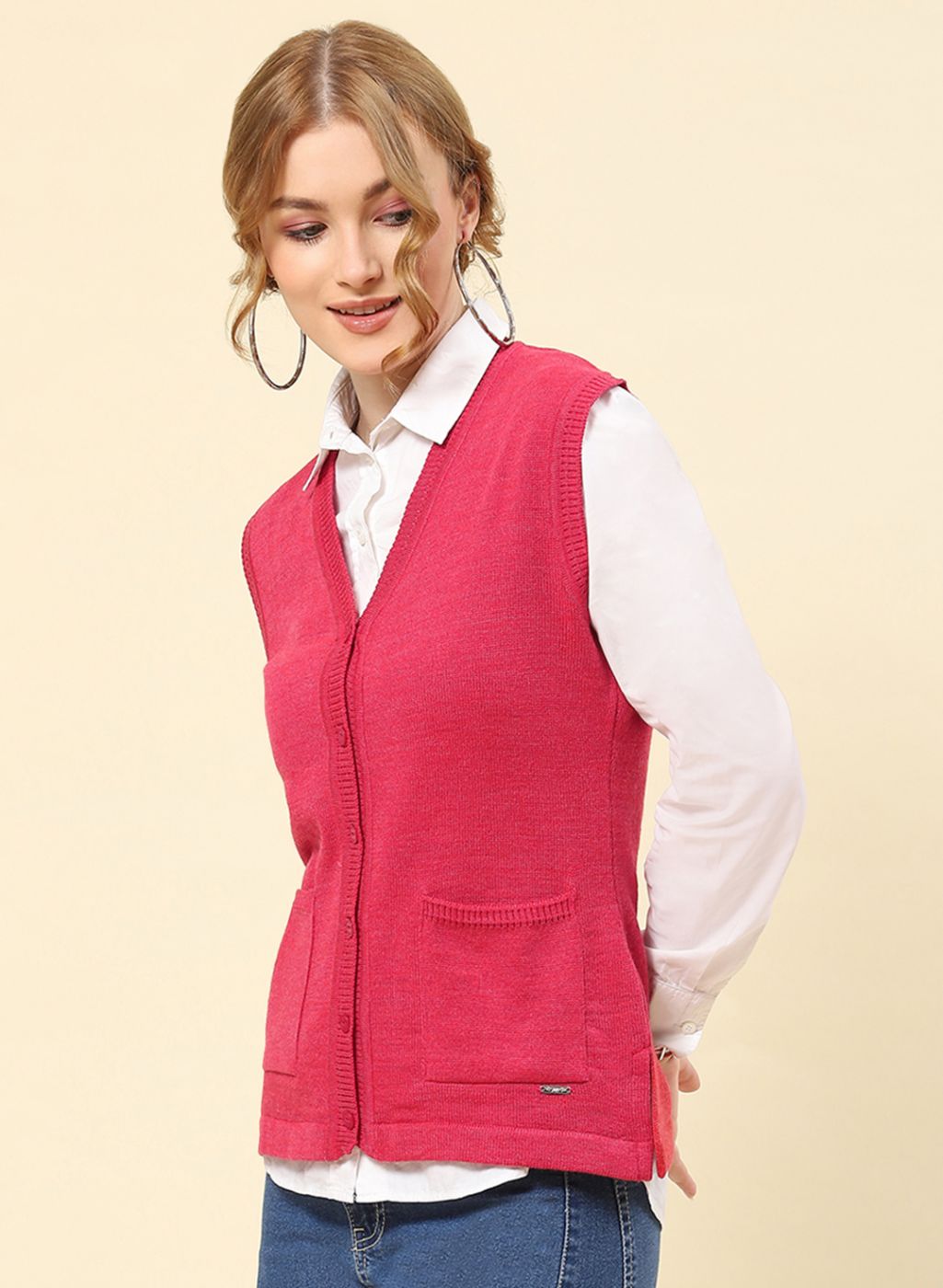 Women Light Red Solid Blend wool Cardigan