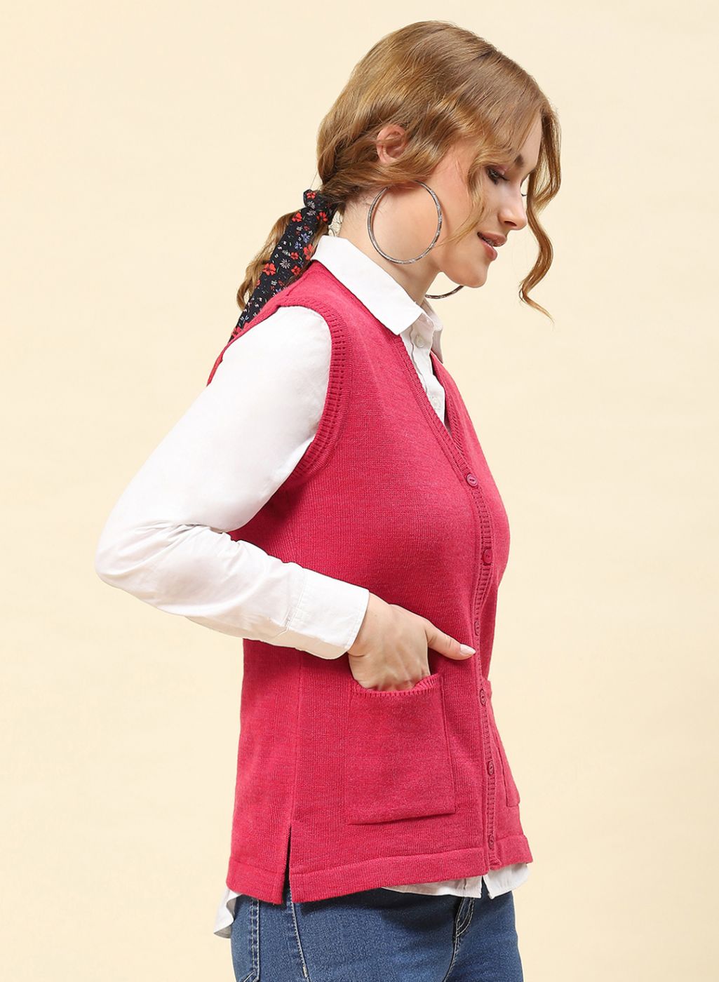 Women Light Red Solid Blend wool Cardigan