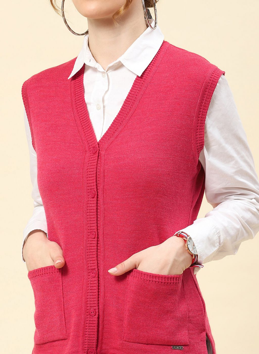 Women Light Red Solid Blend wool Cardigan