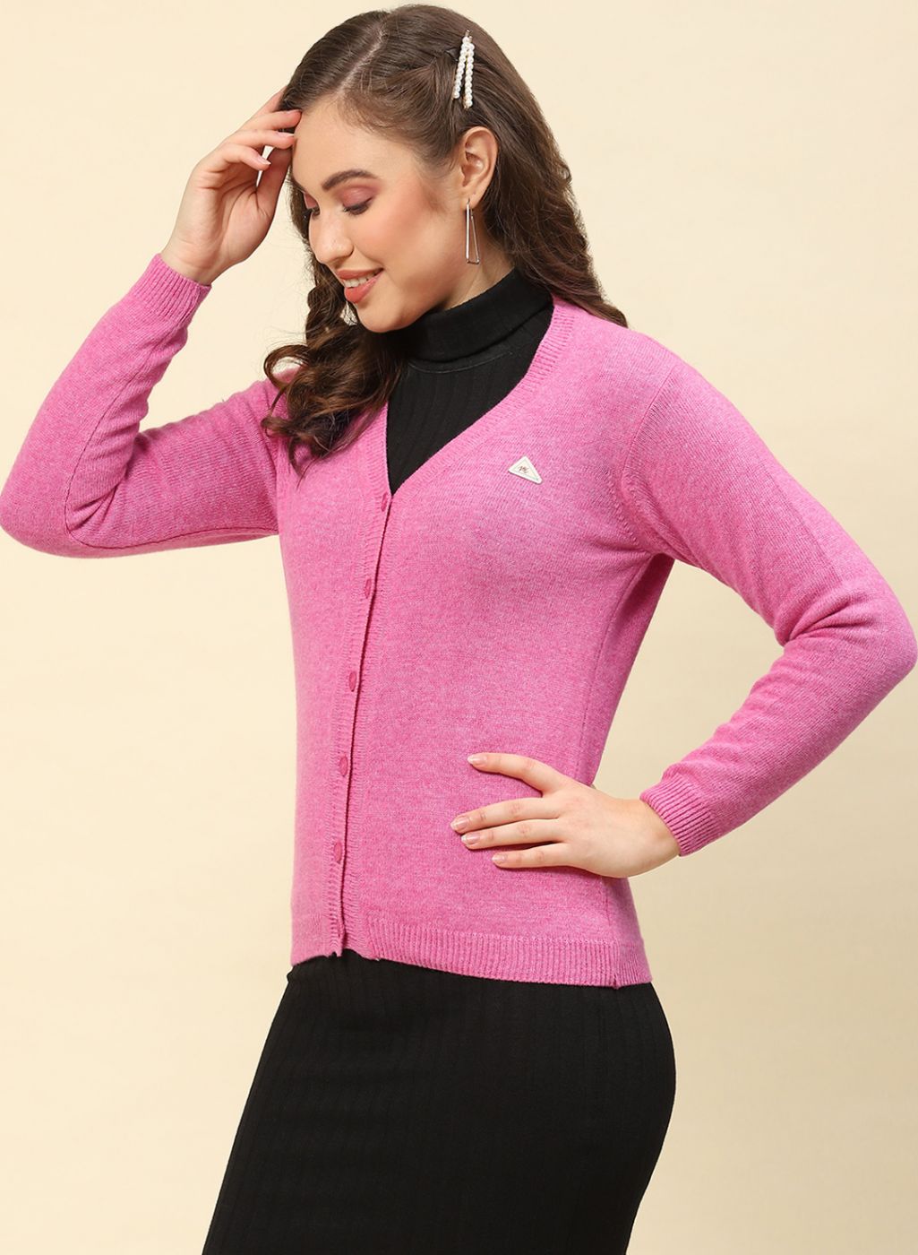 Women Pink Solid Lamb wool Cardigan