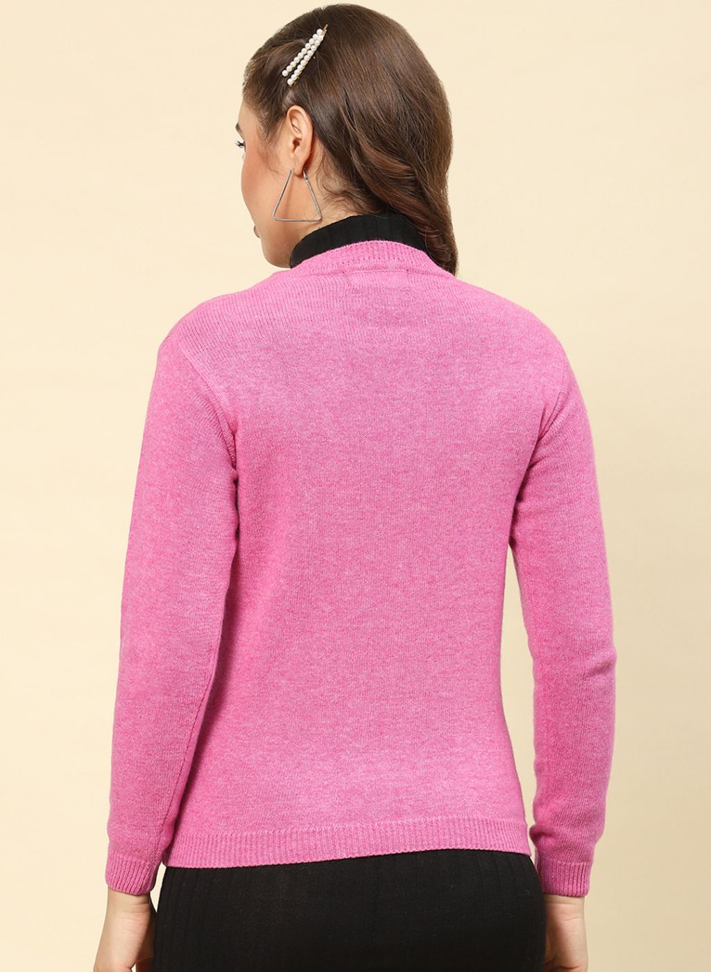 Women Pink Solid Lamb wool Cardigan