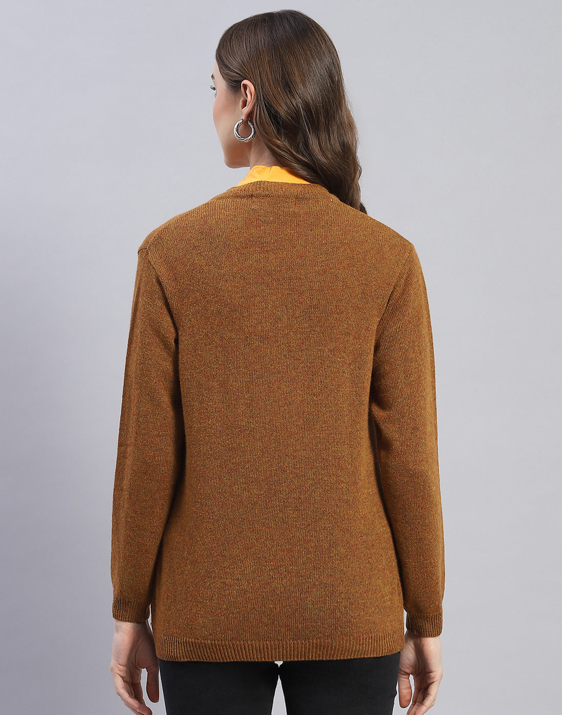 Women Brown Solid V Neck Full Sleeve Cardigan