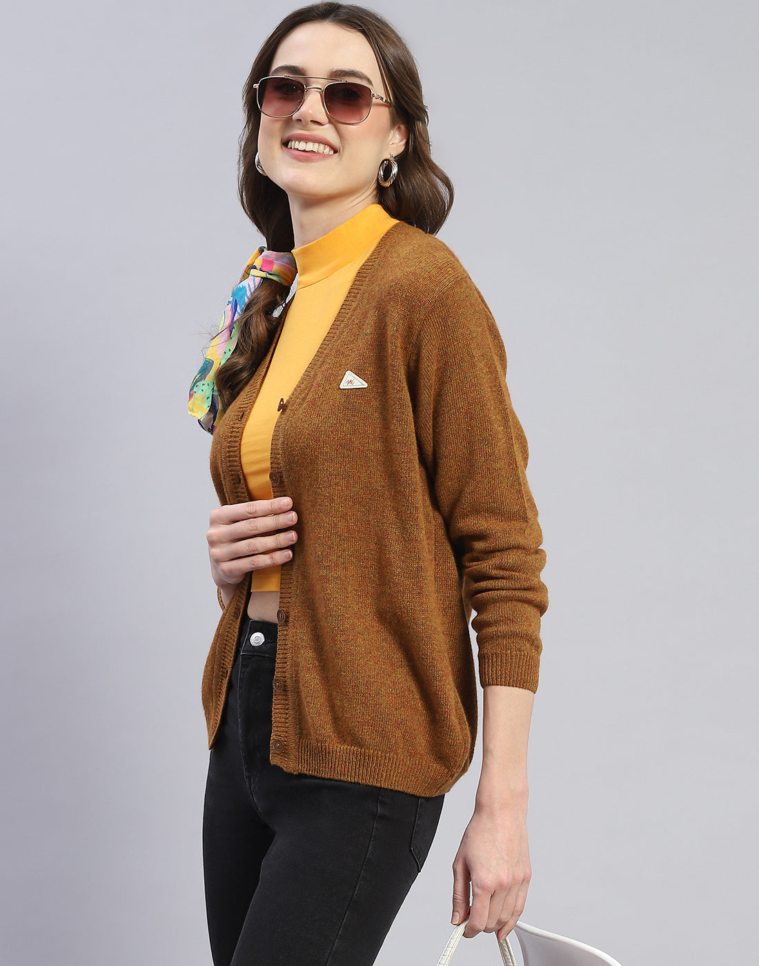 Women Brown Solid V Neck Full Sleeve Cardigan