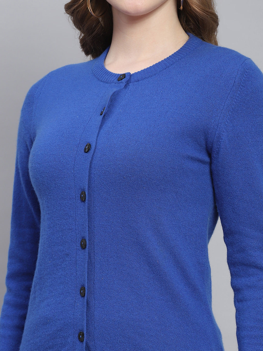 Women Blue Solid Round Neck Full Sleeve Cardigans