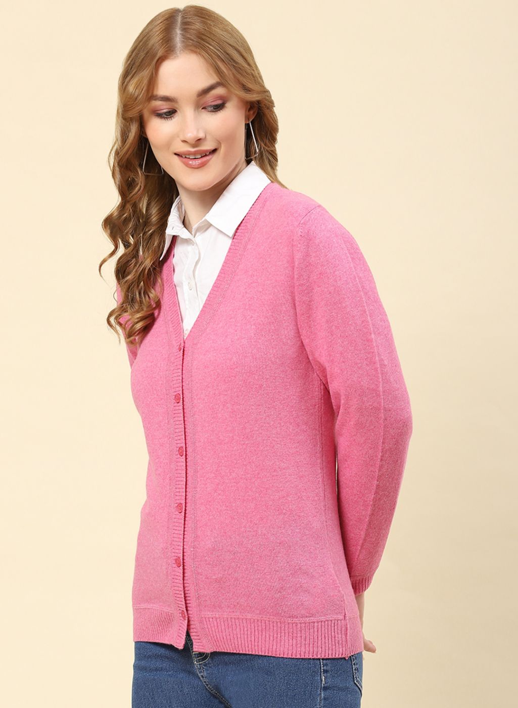 Women Pink Solid Lamb wool Cardigan