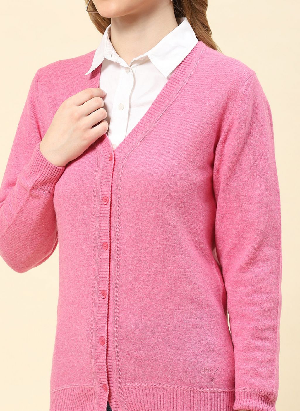 Women Pink Solid Lamb wool Cardigan