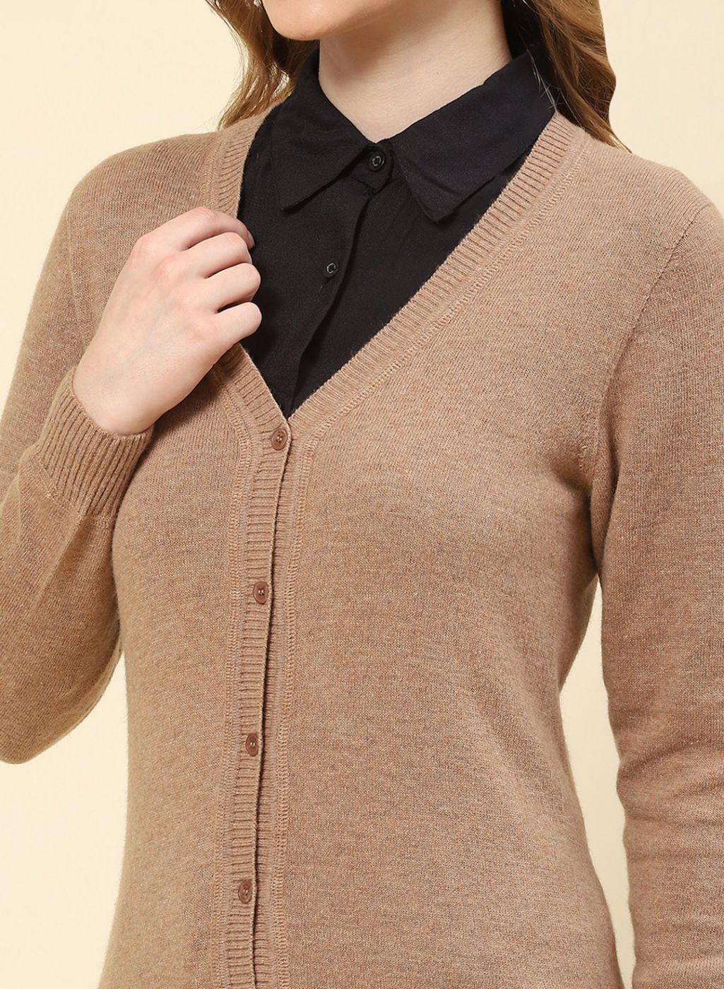 Women Brown Solid Lamb wool Cardigan