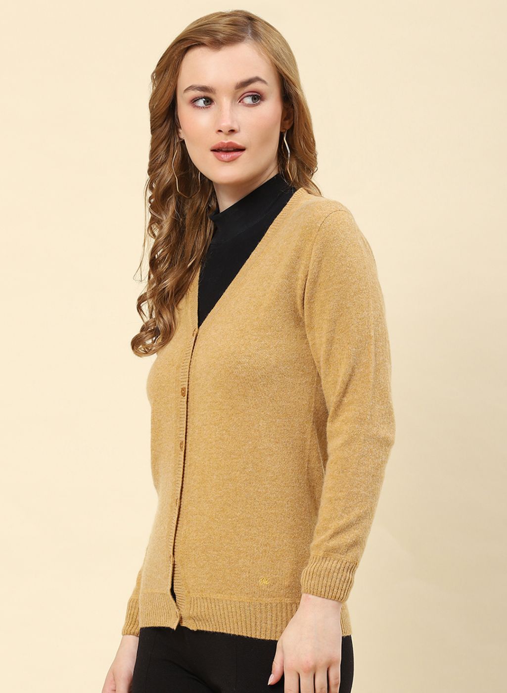 Women Camel Brown Solid Lamb wool Cardigan