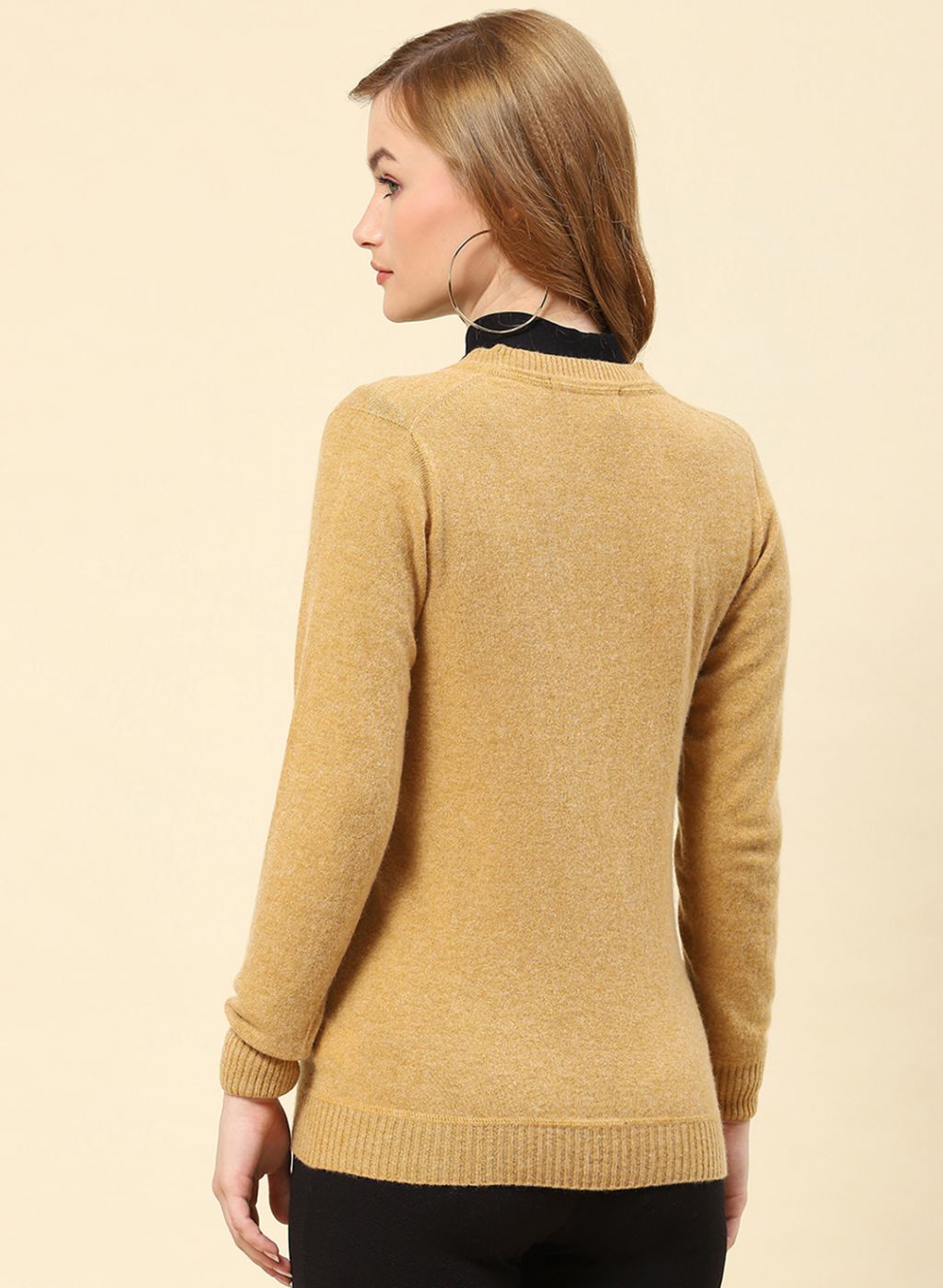 Women Camel Brown Solid Lamb wool Cardigan