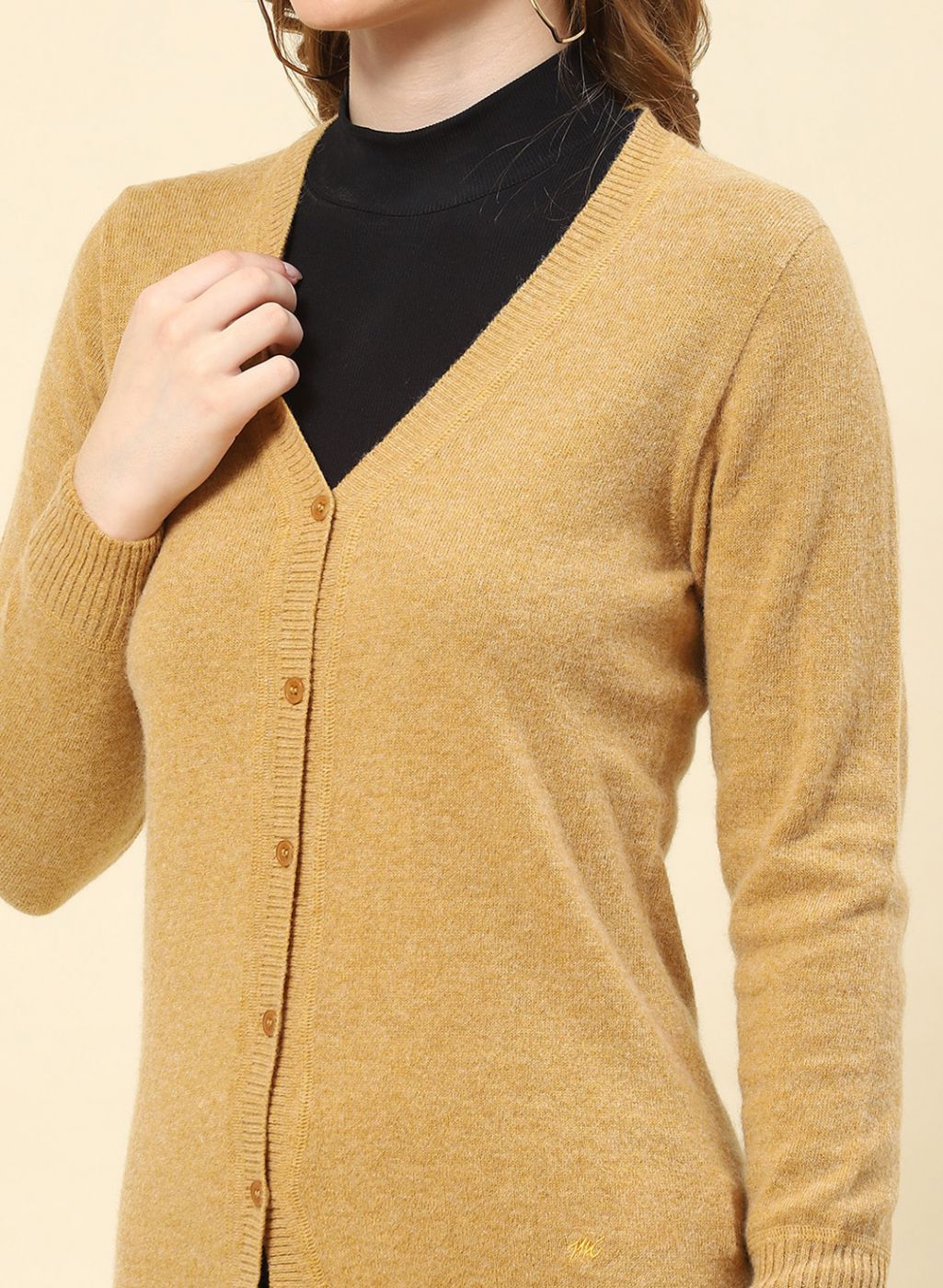 Women Camel Brown Solid Lamb wool Cardigan