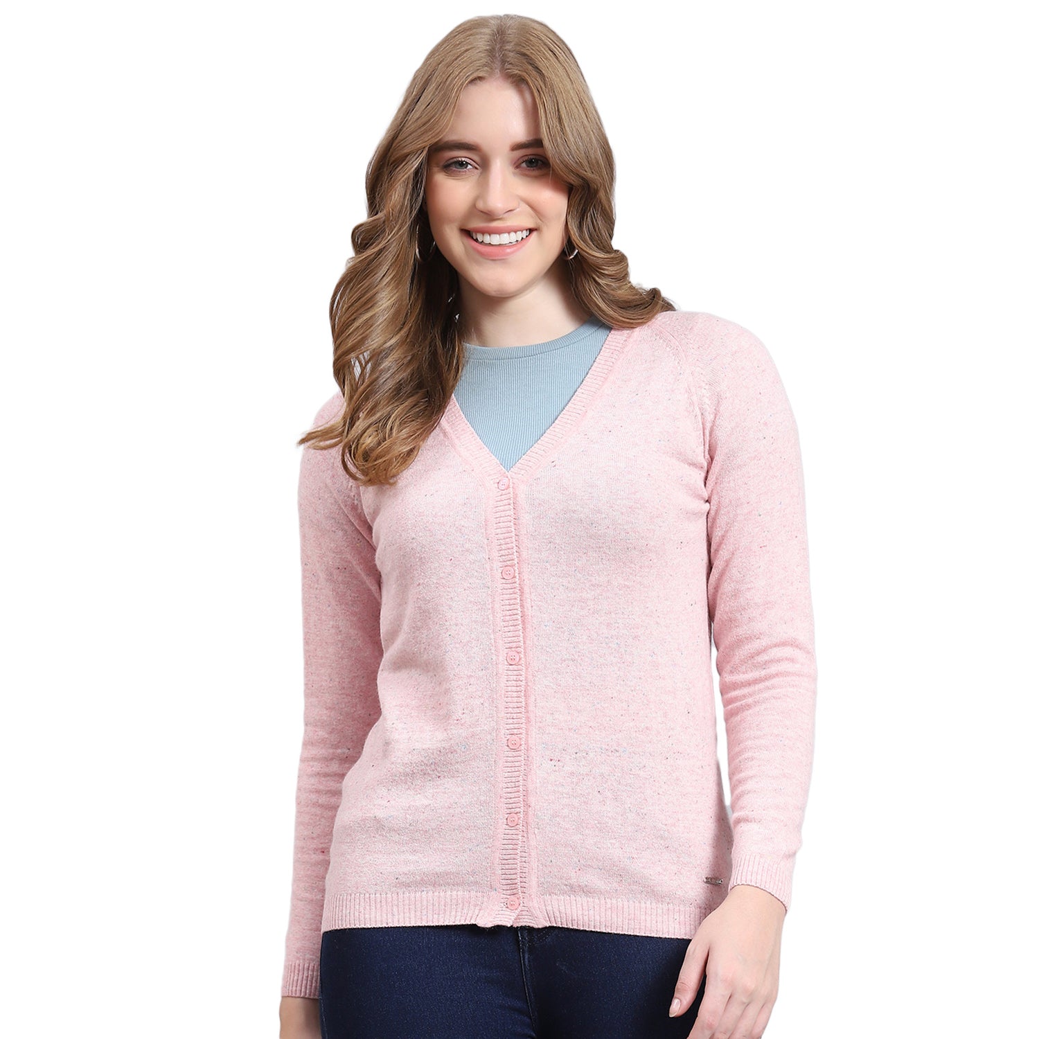 Women Pink Solid V Neck Full Sleeve Cardigan