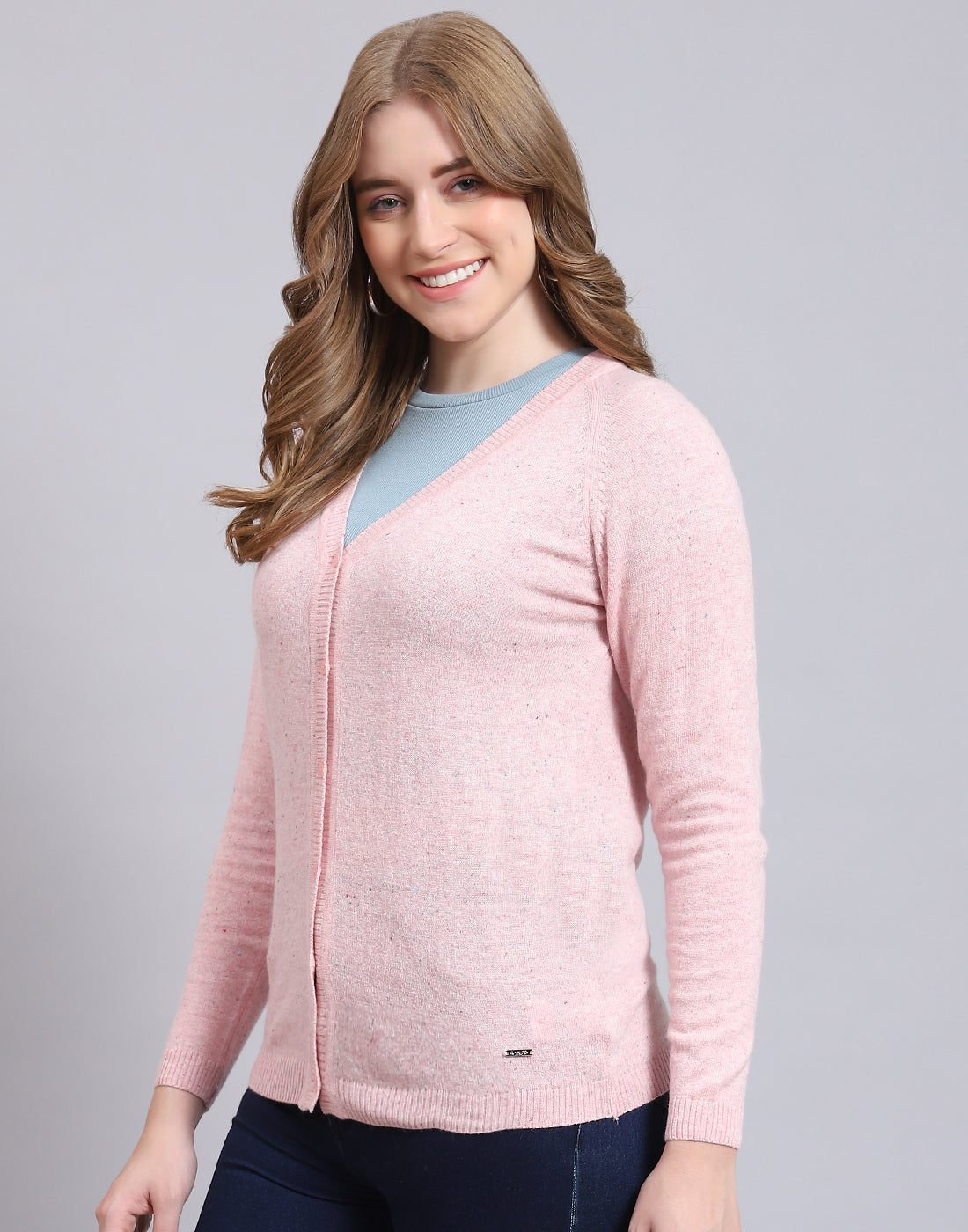 Women Pink Solid V Neck Full Sleeve Cardigan