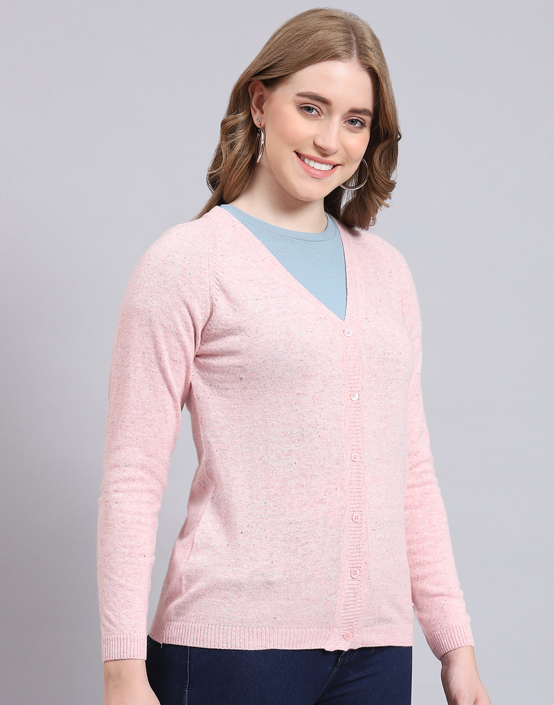 Women Pink Solid V Neck Full Sleeve Cardigan