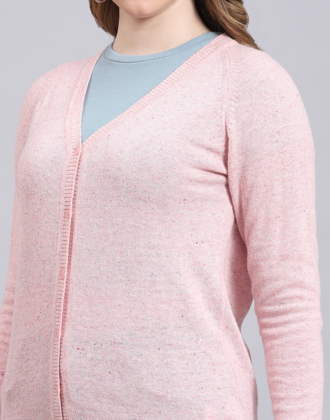 Women Pink Solid V Neck Full Sleeve Cardigan