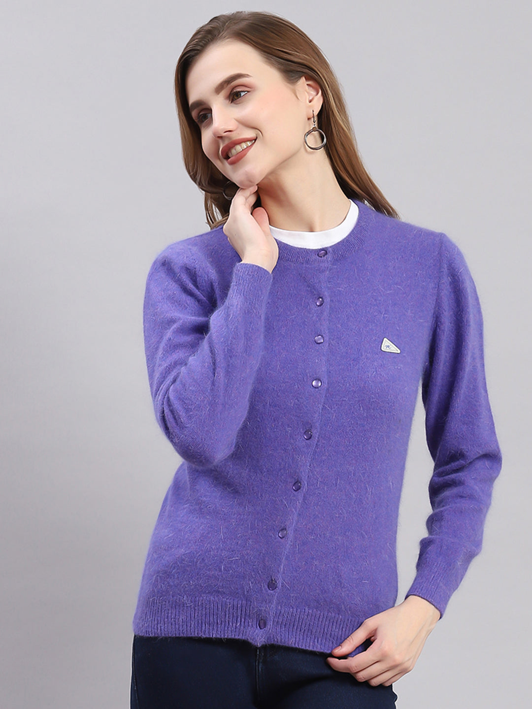 Women Purple Solid Round Neck Full Sleeve Cardigans