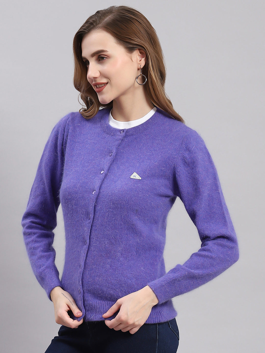 Women Purple Solid Round Neck Full Sleeve Cardigans