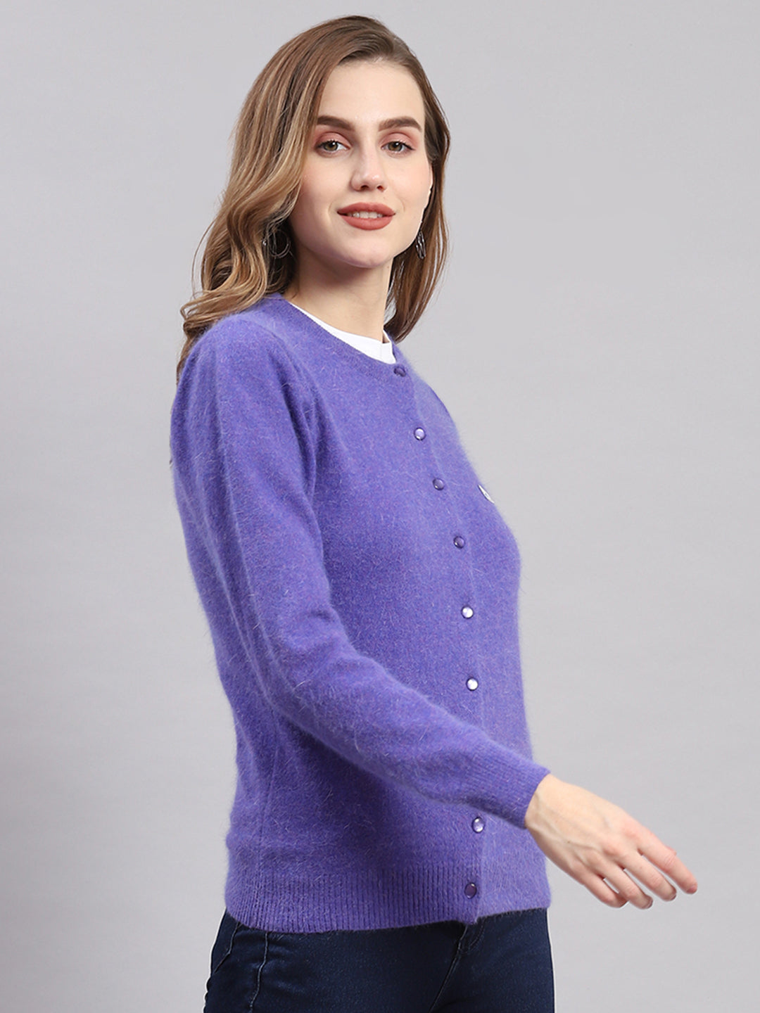 Women Purple Solid Round Neck Full Sleeve Cardigans