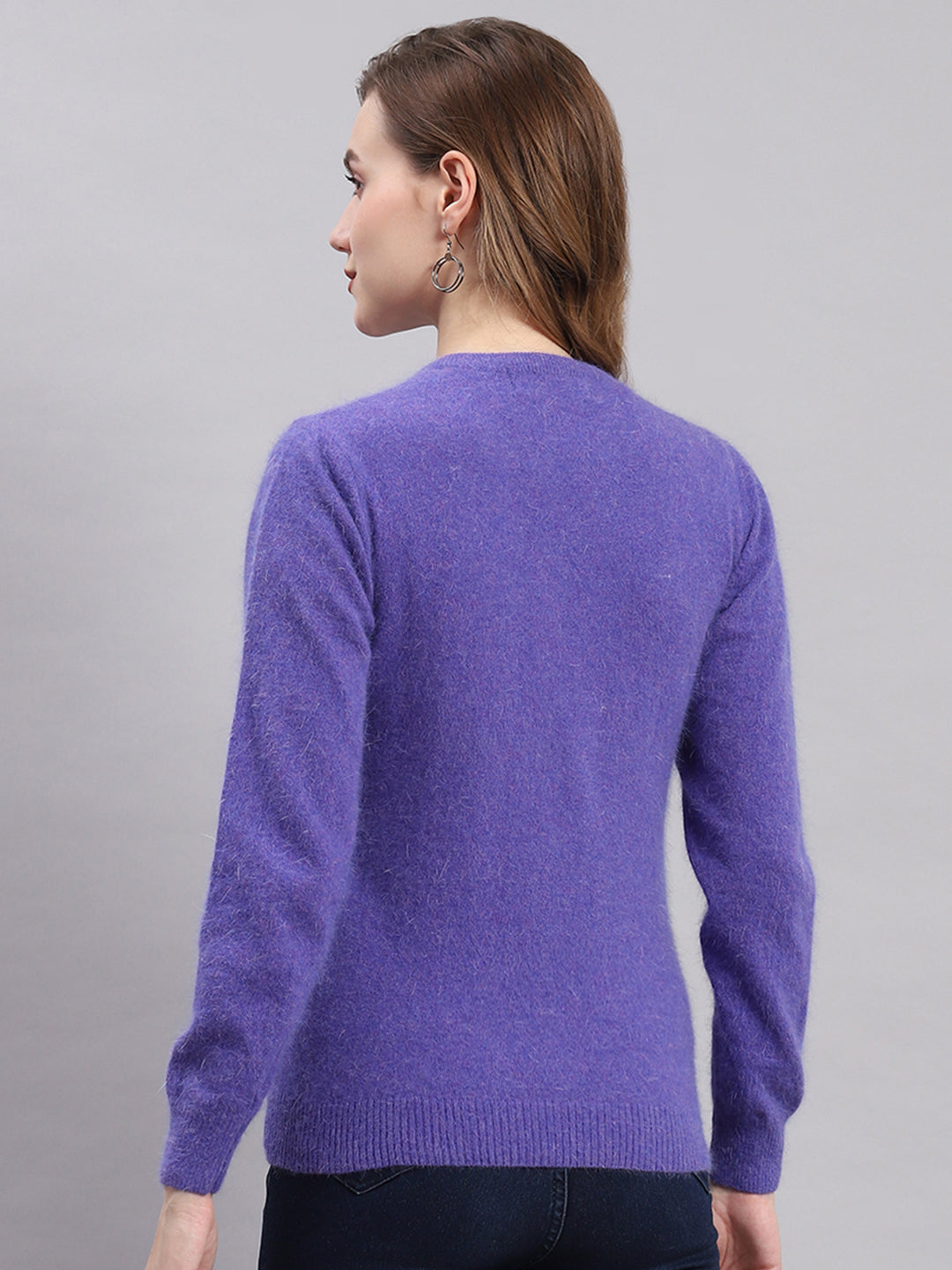 Women Purple Solid Round Neck Full Sleeve Cardigans