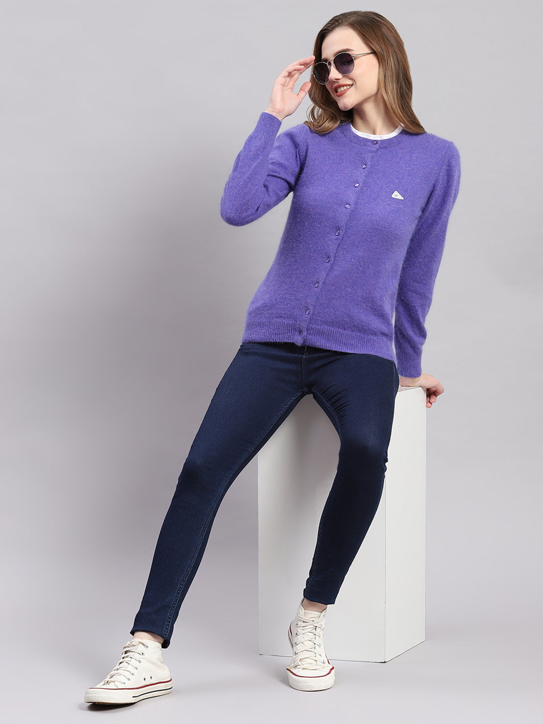 Women Purple Solid Round Neck Full Sleeve Cardigans