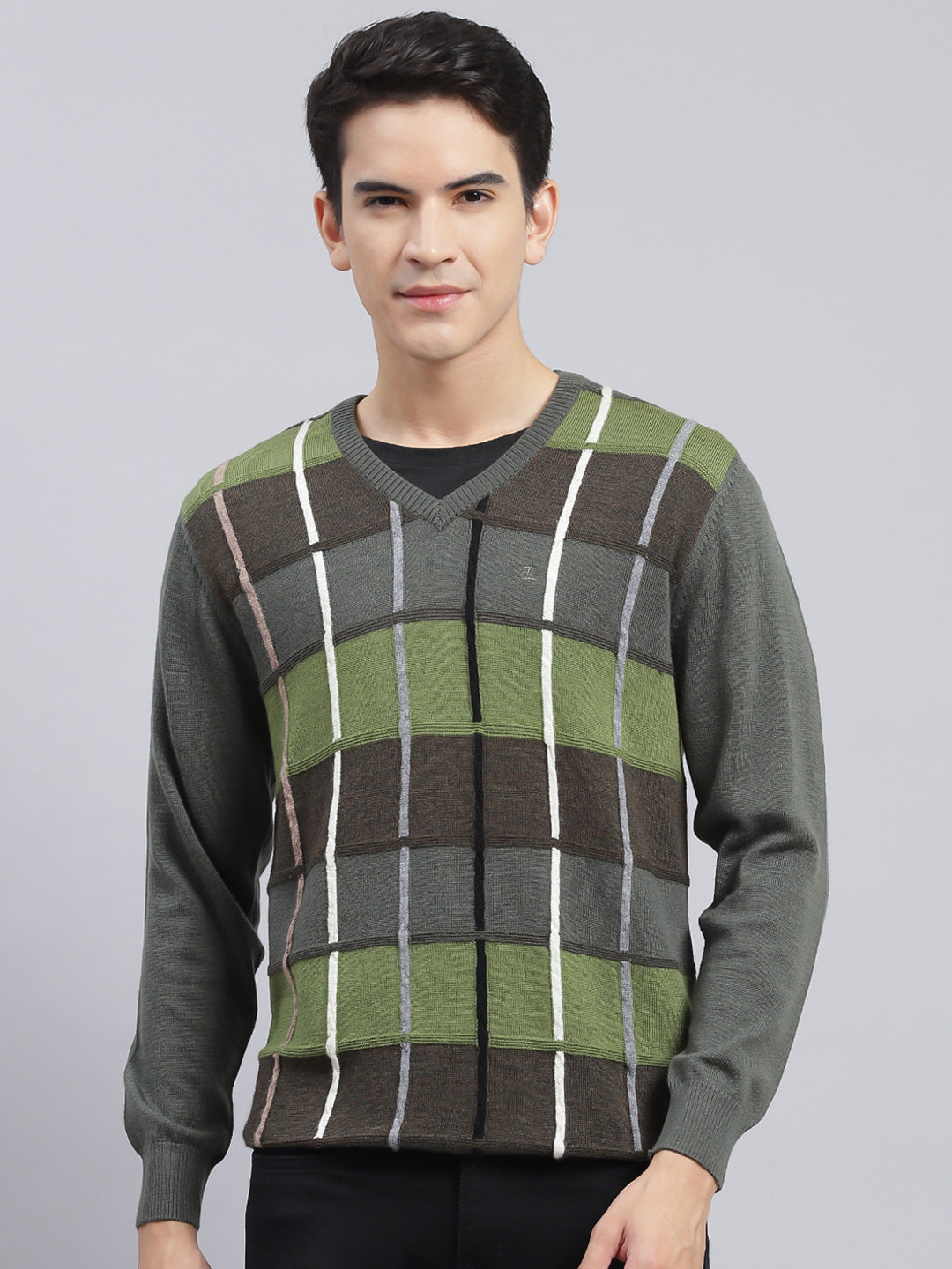 Men Olive Printed Pure wool Pullover