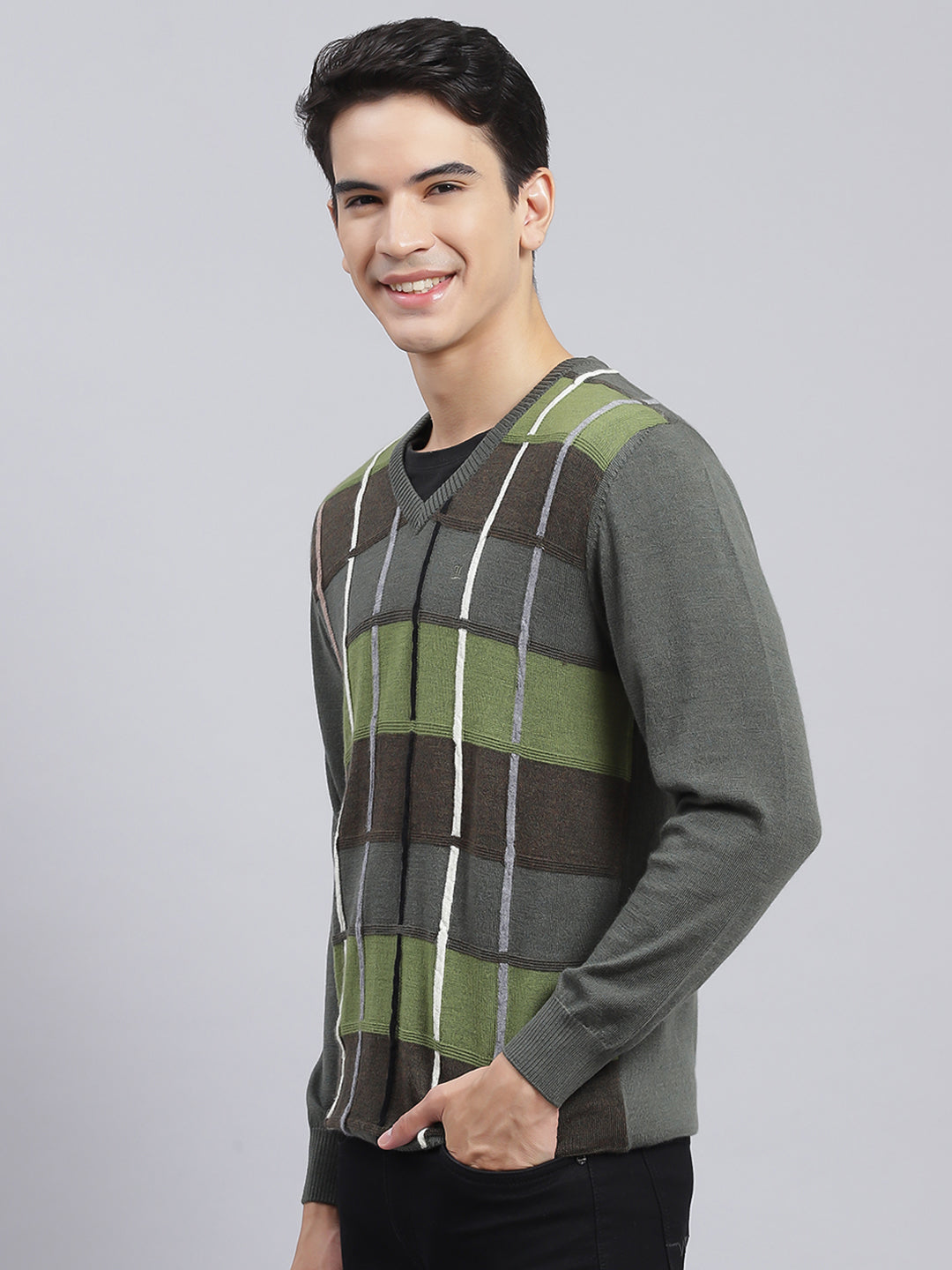 Men Olive Printed Pure wool Pullover