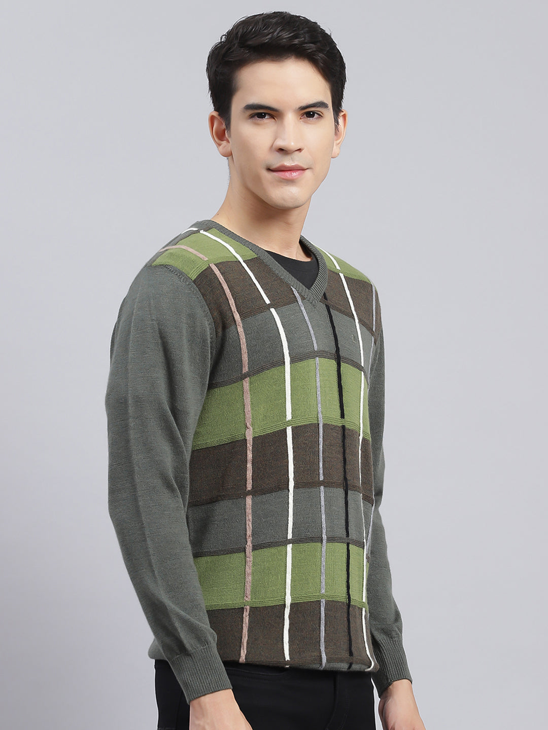 Men Olive Printed Pure wool Pullover