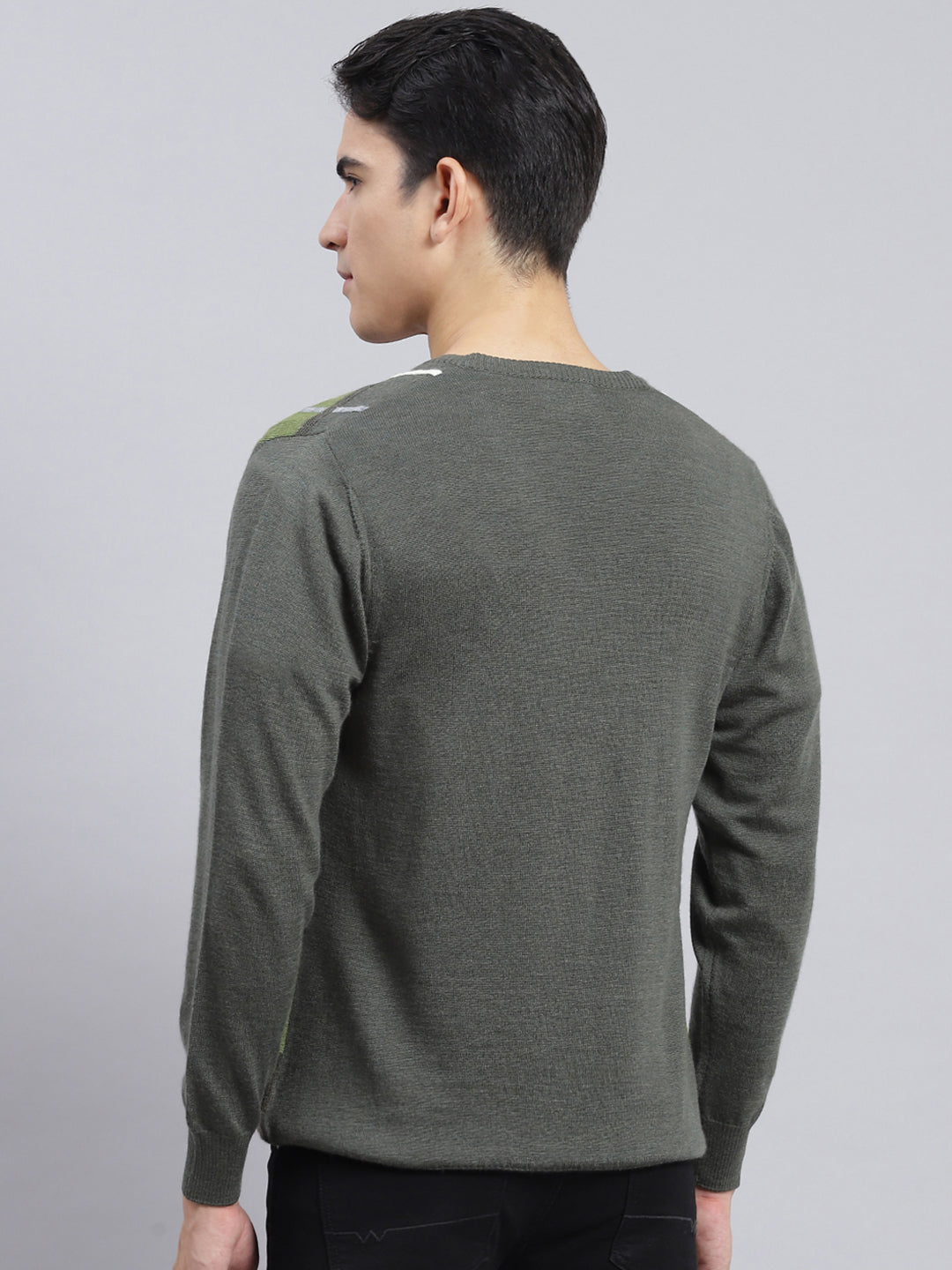 Men Olive Printed Pure wool Pullover