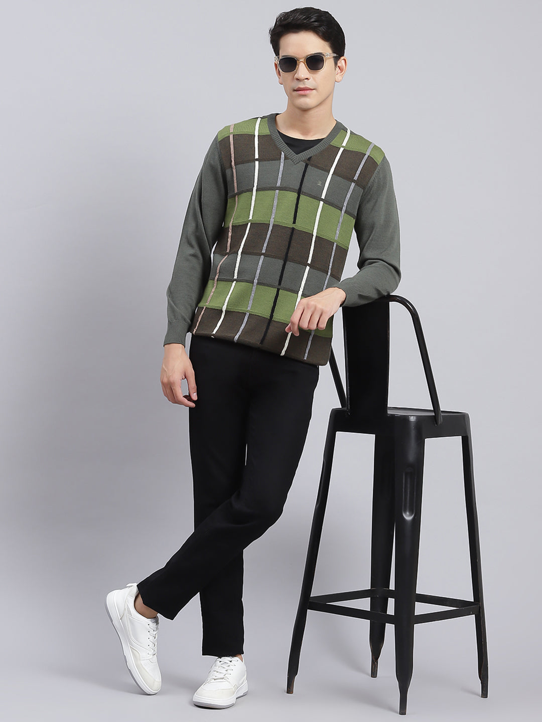 Men Olive Printed Pure wool Pullover