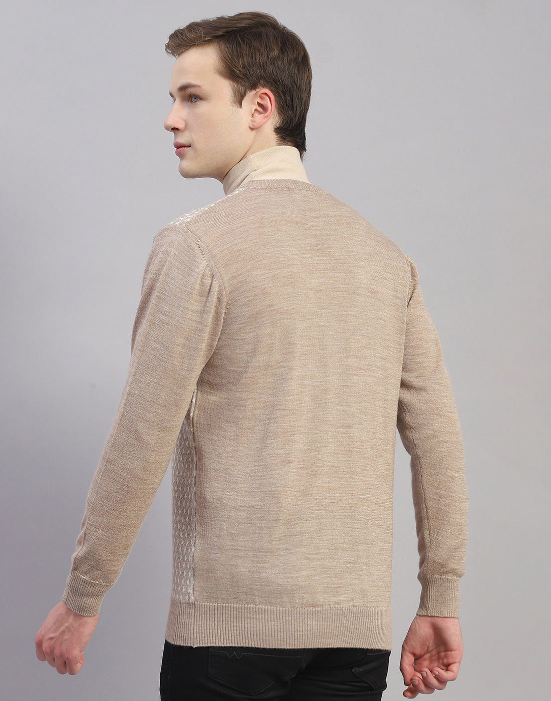 Men Beige Self Design V Neck Full Sleeve Pullover