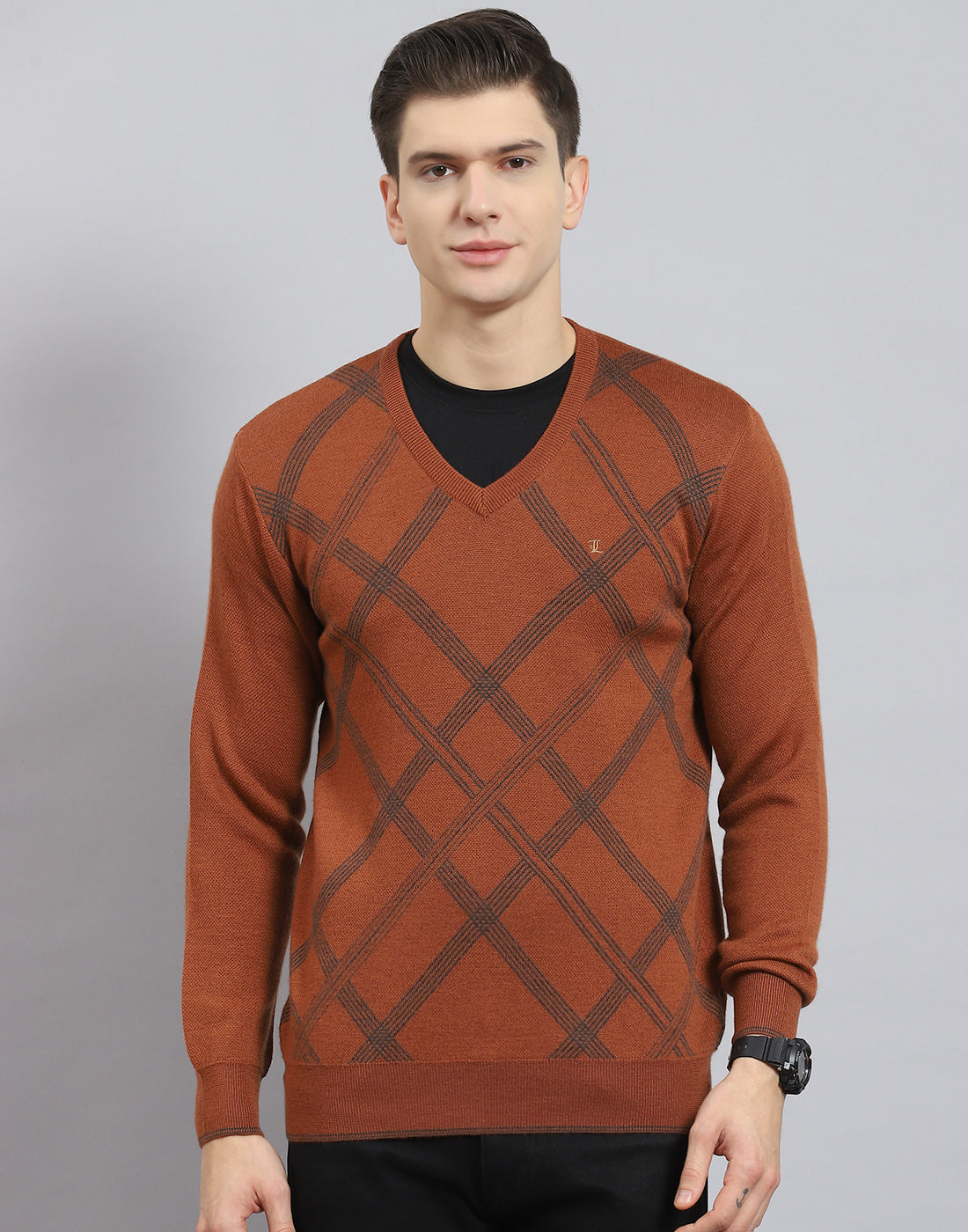 Men Rust Printed V Neck Full Sleeve Sweater