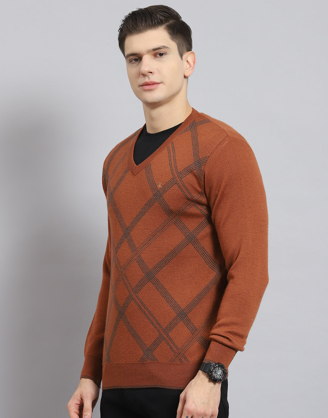 Men Rust Printed V Neck Full Sleeve Sweater