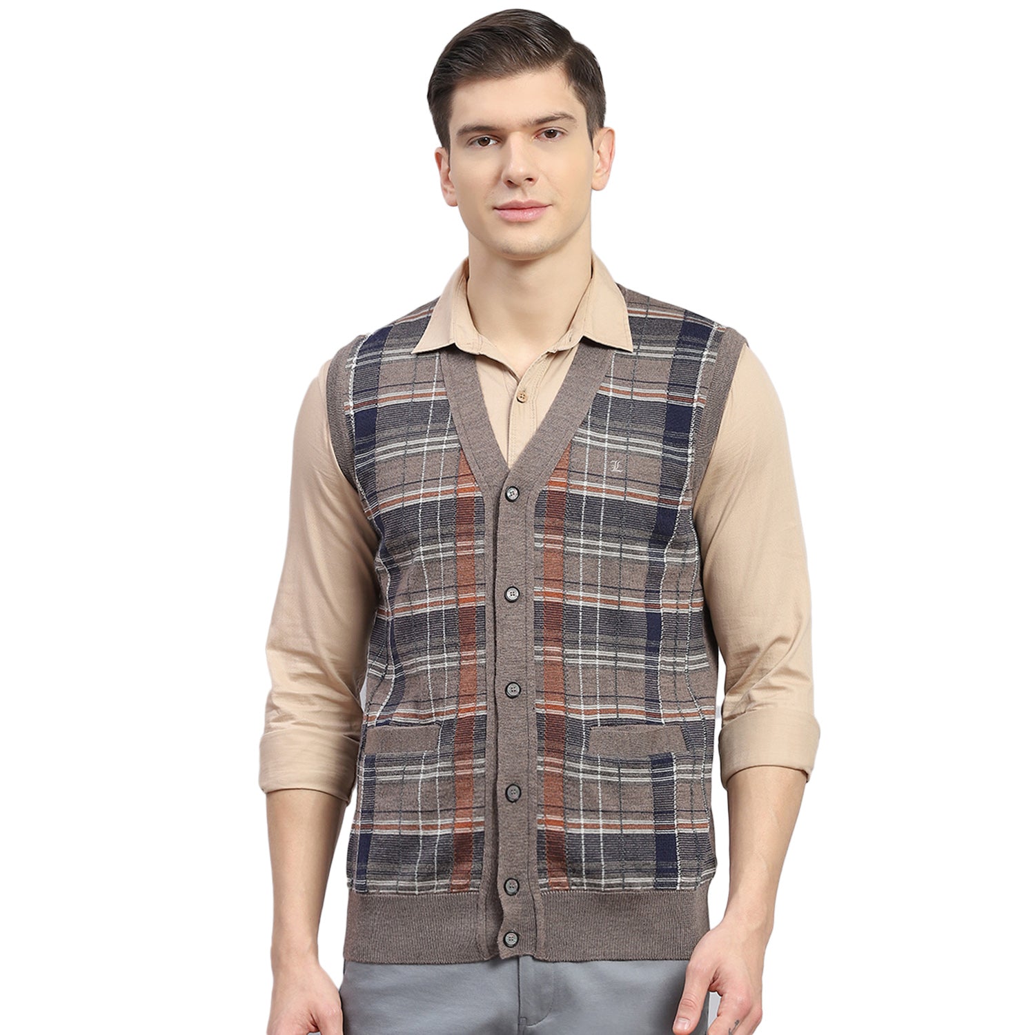 Men Brown Check V Neck Sleeveless Sweater