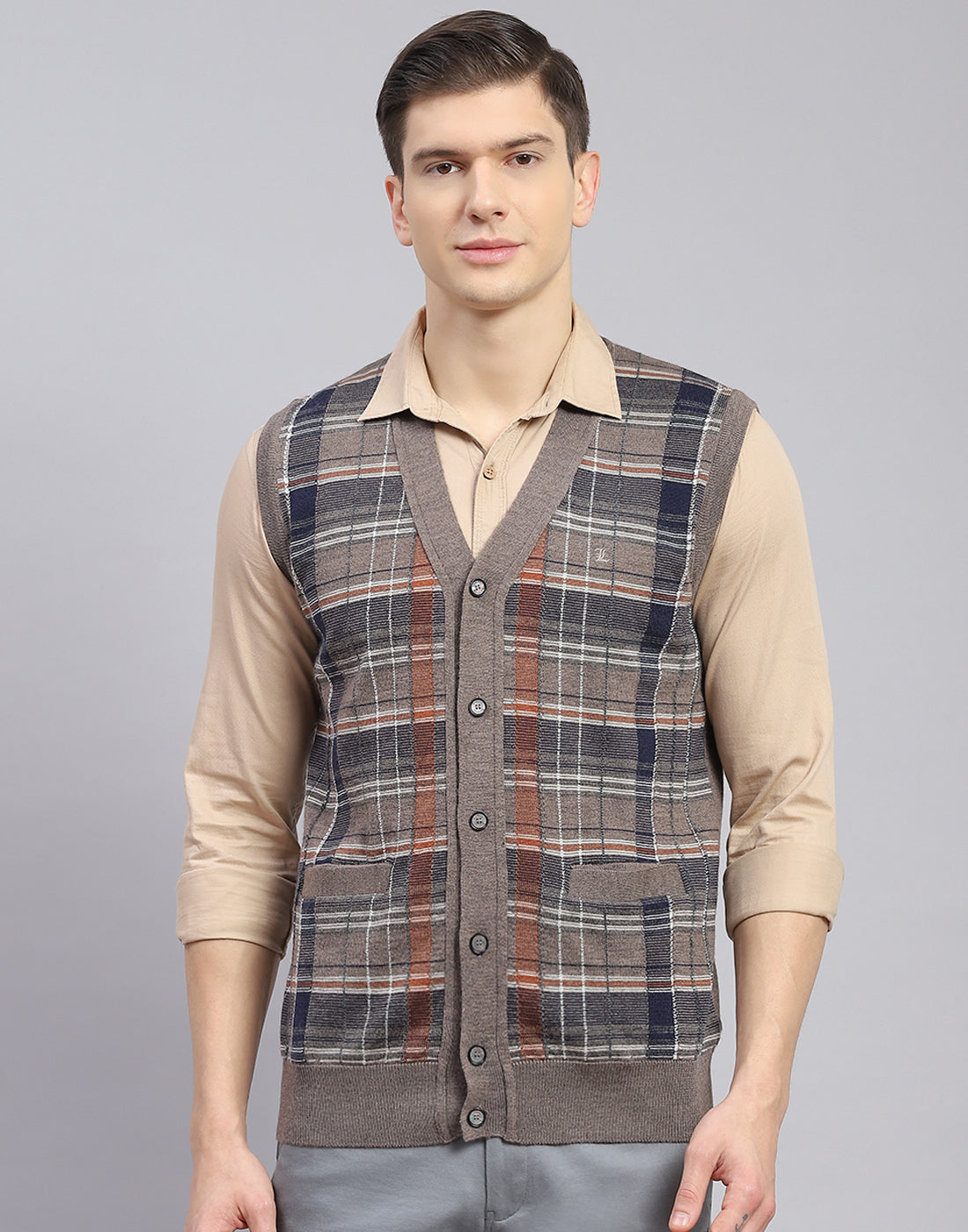 Men Brown Check V Neck Sleeveless Sweater