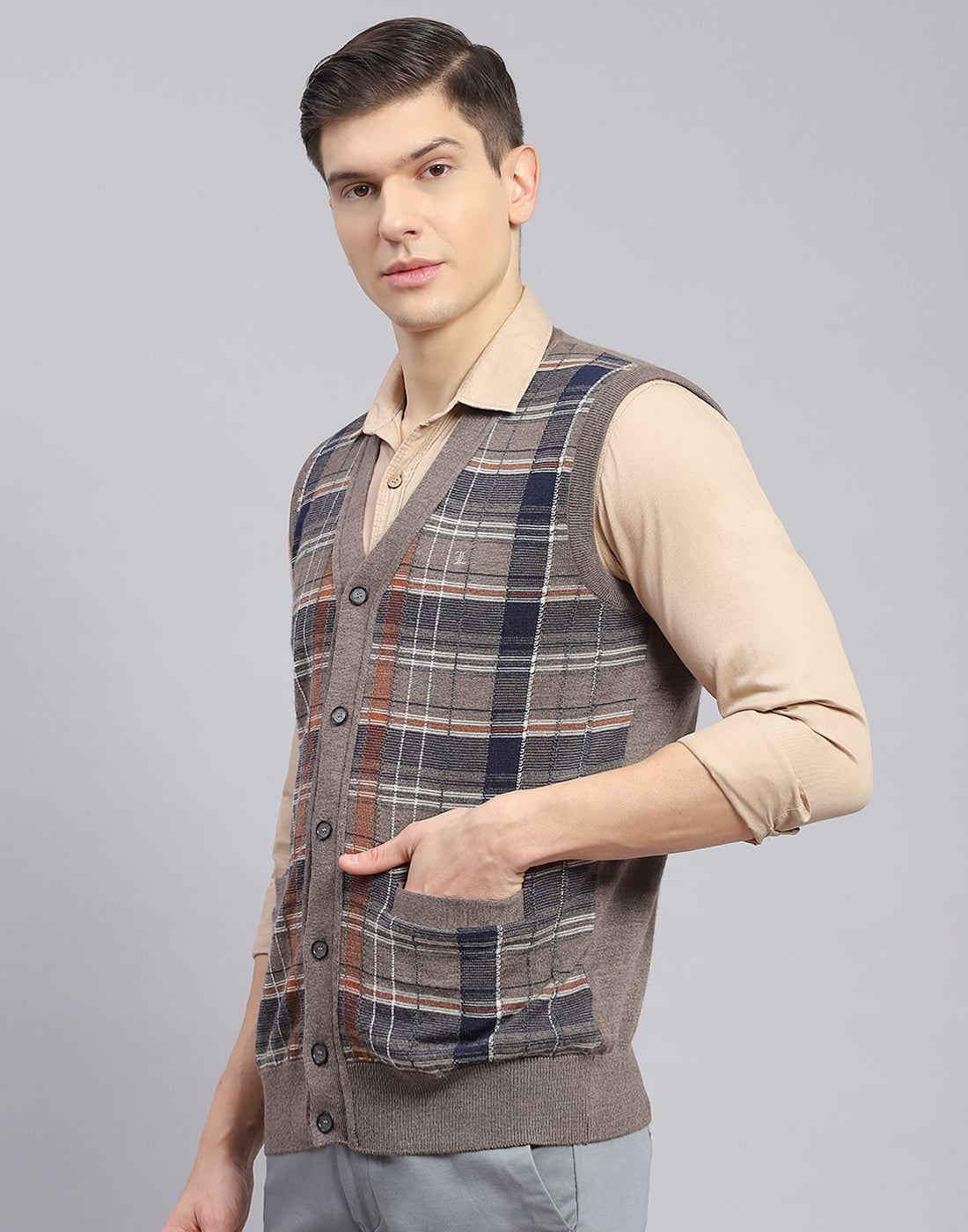 Men Brown Check V Neck Sleeveless Sweater