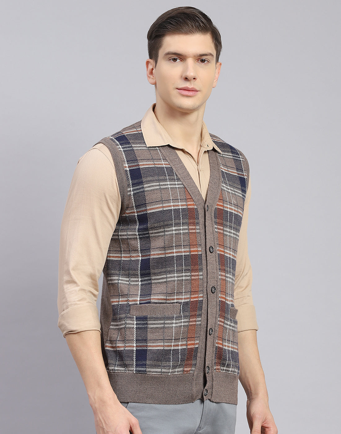 Men Brown Check V Neck Sleeveless Sweater