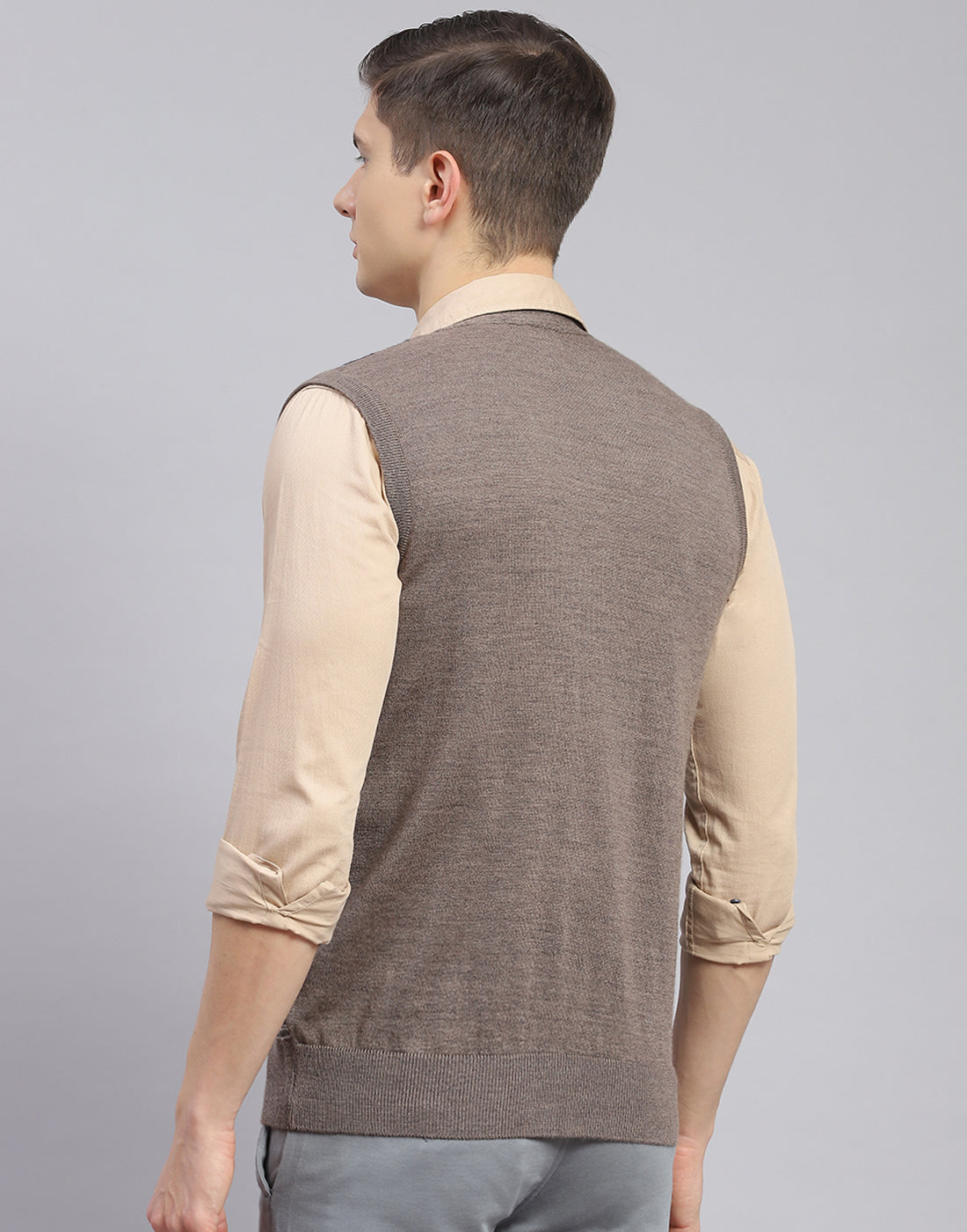 Men Brown Check V Neck Sleeveless Sweater