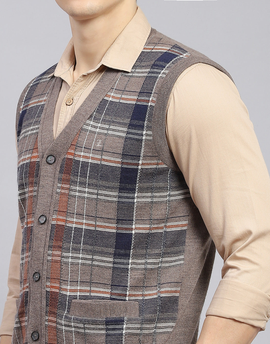 Men Brown Check V Neck Sleeveless Sweater