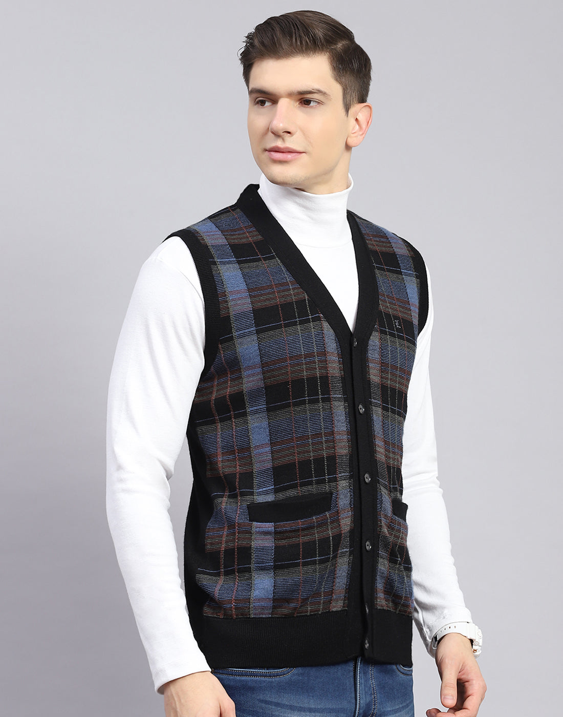 Men Black Check V Neck Sleeveless Sweater