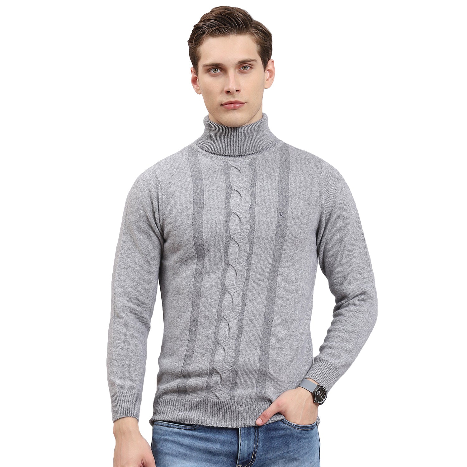 Men Grey Self Design H Neck Full Sleeve Sweater