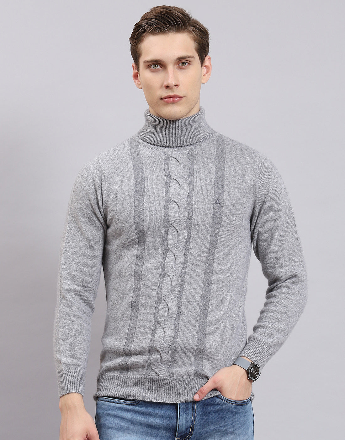 Men Grey Self Design H Neck Full Sleeve Sweater