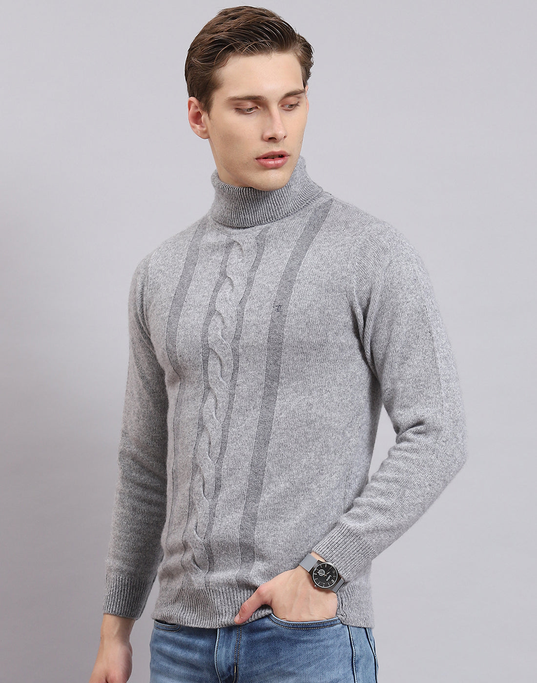 Men Grey Self Design H Neck Full Sleeve Sweater