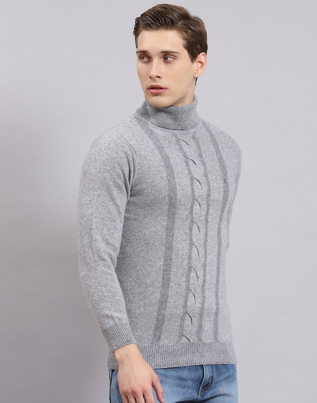 Men Grey Self Design H Neck Full Sleeve Sweater