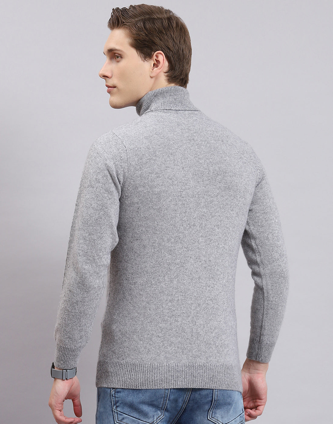 Men Grey Self Design H Neck Full Sleeve Sweater