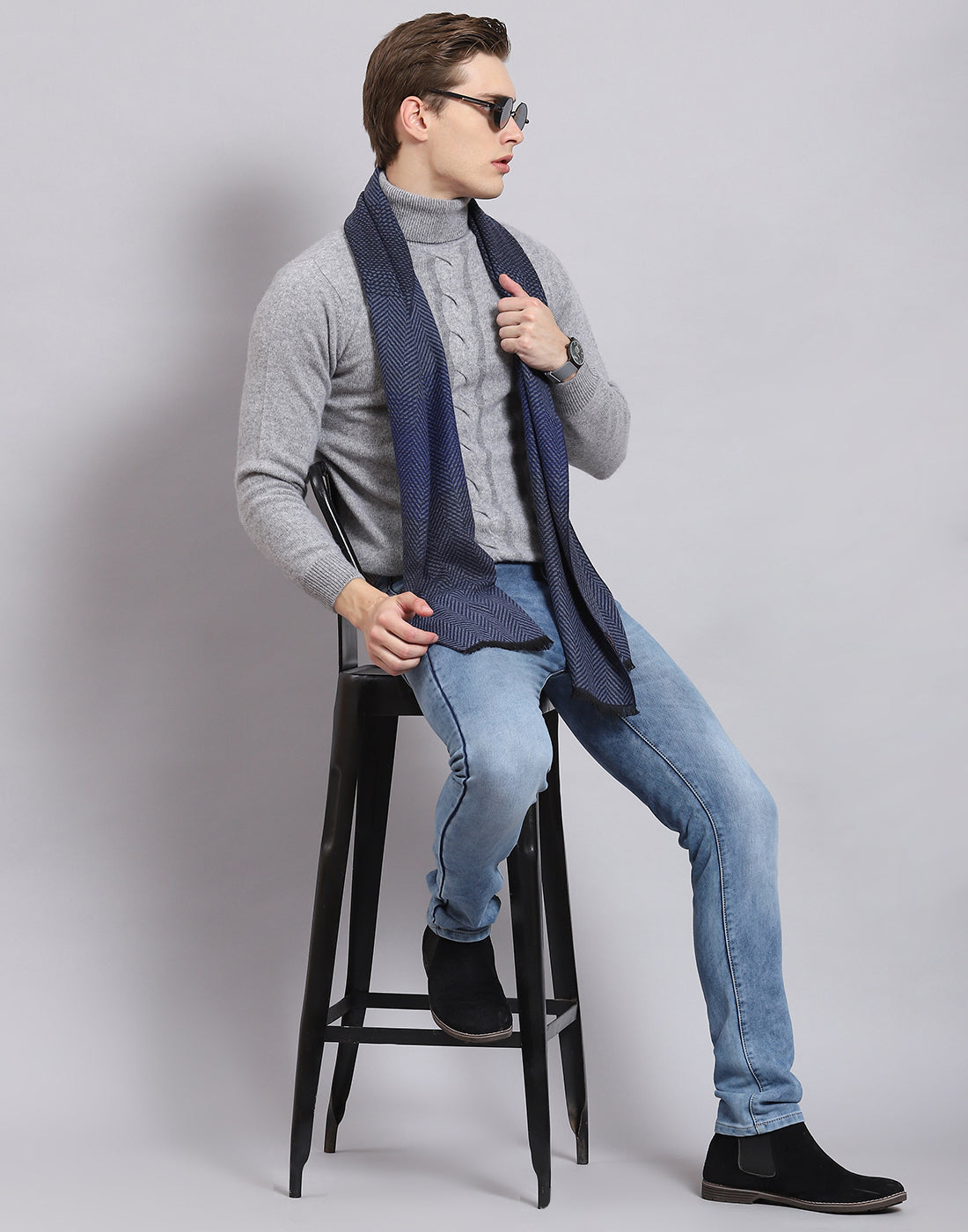 Men Grey Self Design H Neck Full Sleeve Sweater