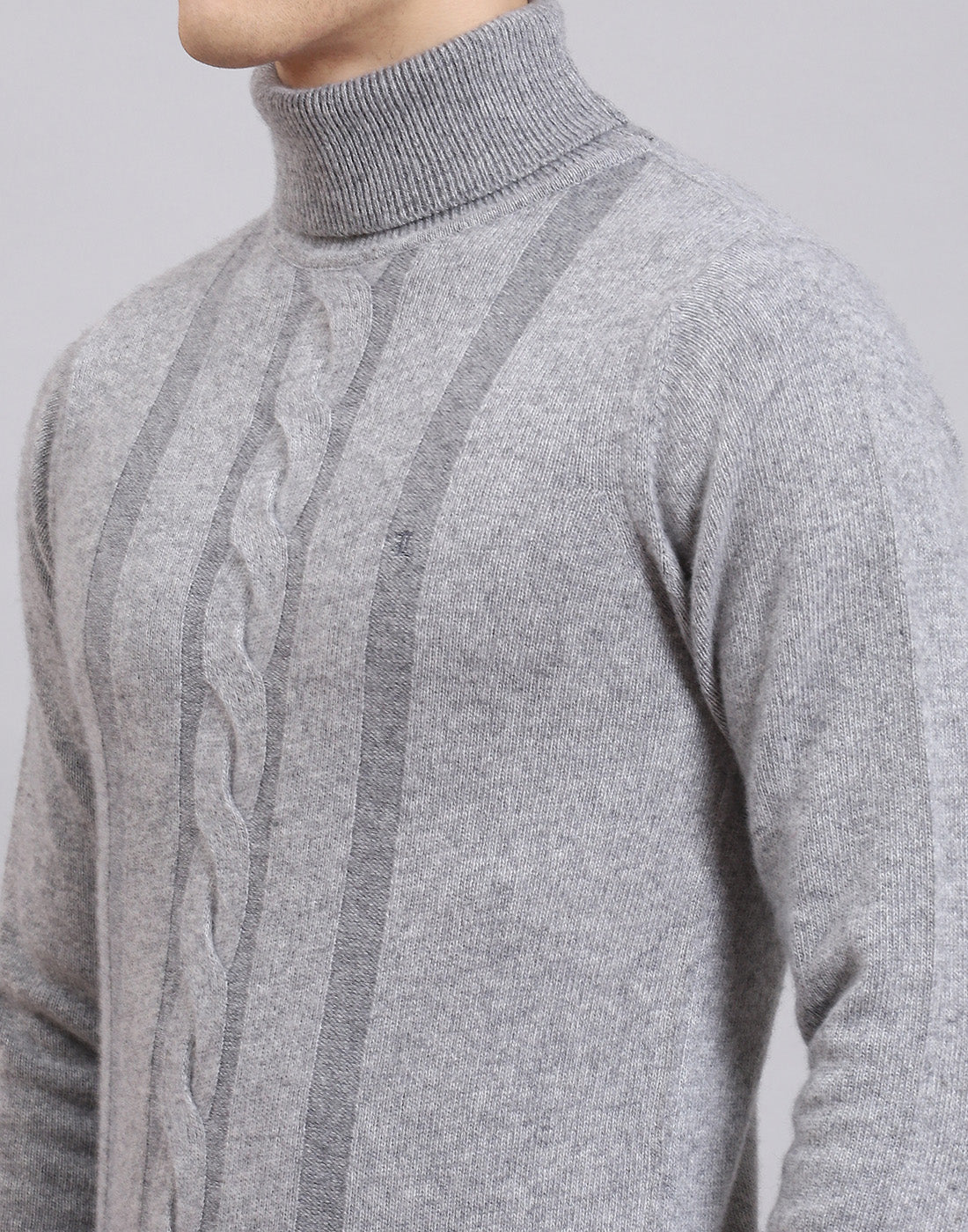 Men Grey Self Design H Neck Full Sleeve Sweater