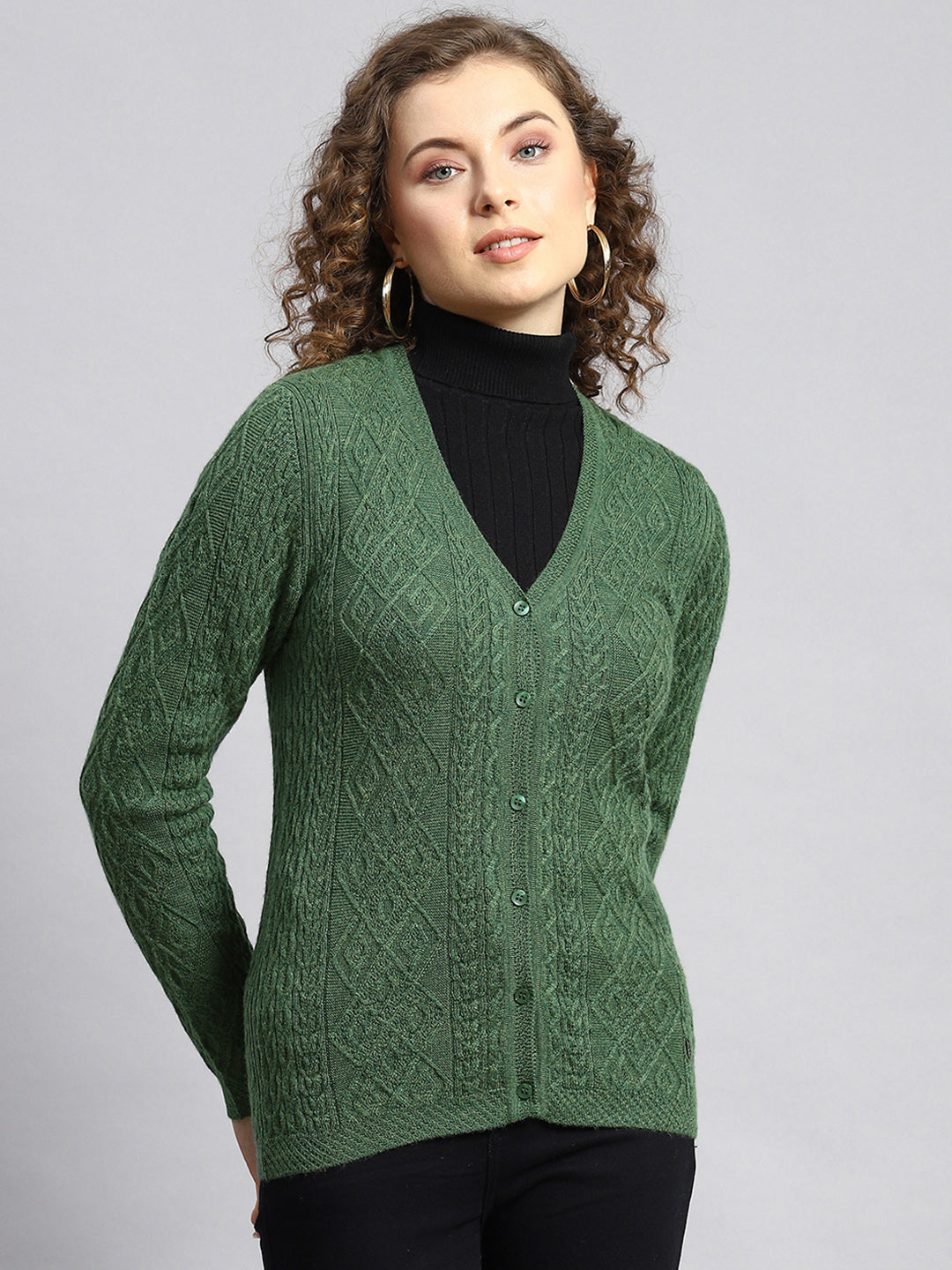 Women Green Self Cardigan