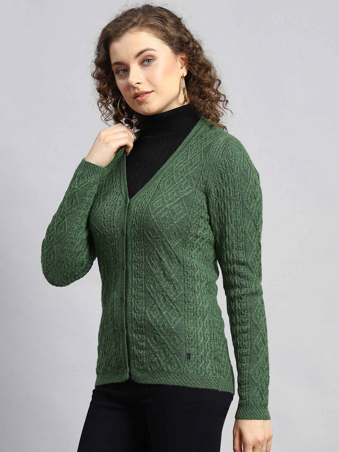 Women Green Self Cardigan